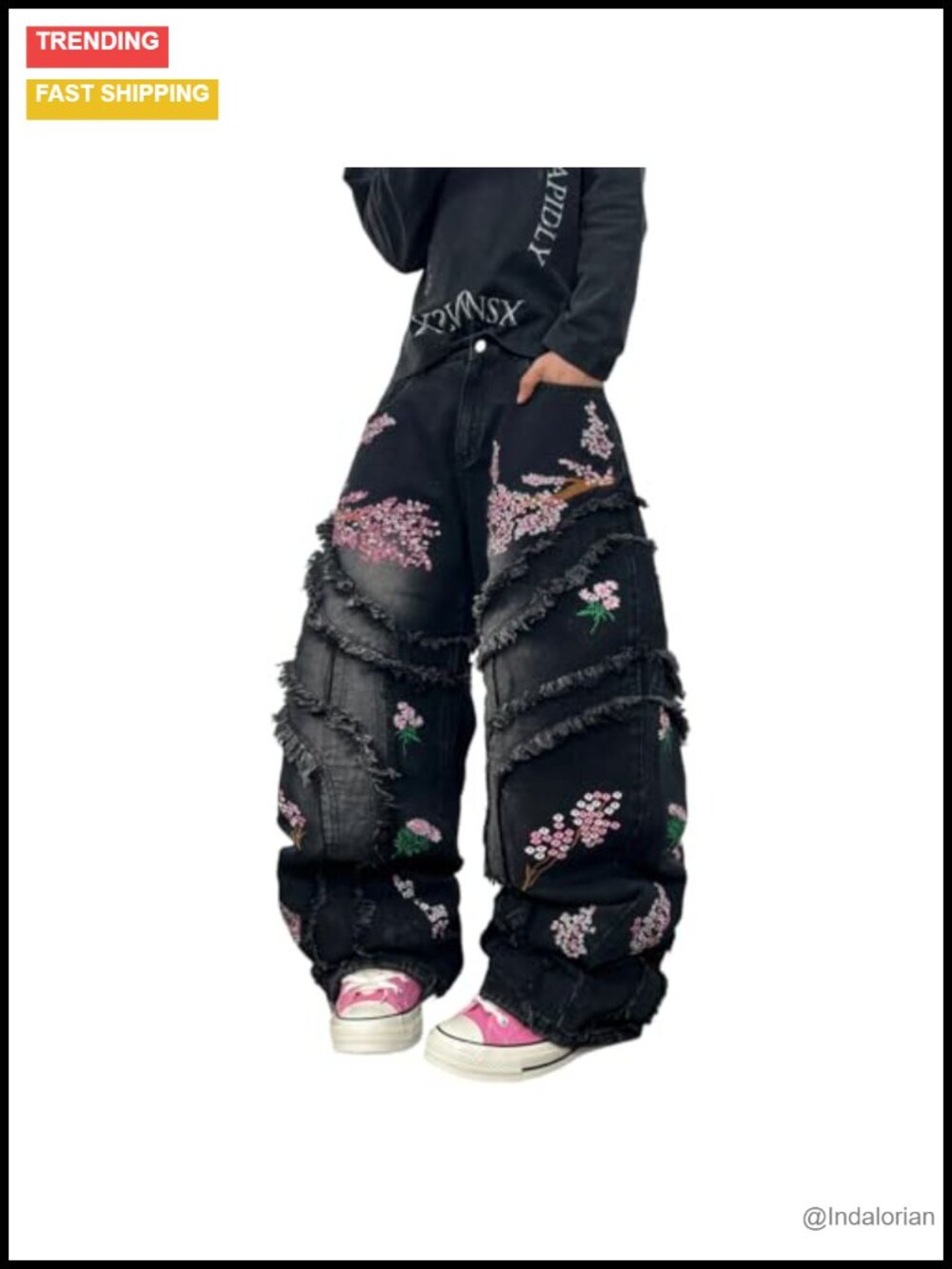 Mens Floral Embroidered Baggy Wide Leg Jeans Y2K Vintage Denim